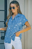 Star Print Button Front Denim Short Sleeve Shirt