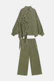 Ruffled Bishop Sleeve Shirt and Wide Leg Pants Set