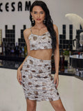 Printed Zip-Back Cropped Top and Ruched Skirt Set