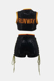 Full Size Contrast Letter Sequin Cropped Top and Lace-Up Shorts Set