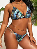 Plus Size Botanical Print Chain Deep V Bikini Set