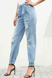 High Waist Elasticated Bottom Distressed Jeans