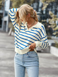 Striped Ribbed Trim Collared Knit Sweater