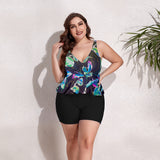 Plus Size Botanical Print Surplice Swim Set