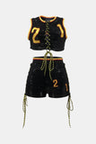 Full Size Contrast Letter Sequin Cropped Top and Lace-Up Shorts Set