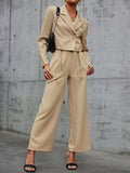 Drawstring Cropped Blazer and Wide Leg Pants Set