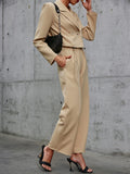 Drawstring Cropped Blazer and Wide Leg Pants Set