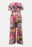 Plus Size Printed Crisscross Tie Front Top and Pants Set