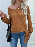 Rib-Knit Asymmetrical Button Blouse