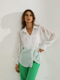 Printed Tie-Cuff Balloon Sleeve Sheer Shirt