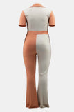 Plus Size Two-Tone Ribbed Top and Drawstring Pants Set