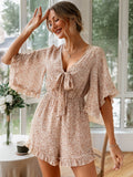 Ditsy Floral Bell Sleeve Tie-Front Romper