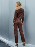 Ruched Asymmetrical Neck Top and Pants Set