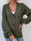 Cable-Knit Button Down Ribbed Trim Cardigan