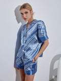 Printed Button Front Top and Paperbag Shorts Satin Set