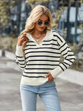 Striped Ribbed Trim Collared Knit Sweater