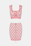 Gingham Zip Front Crop Top and Skirt Set