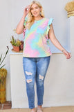 Plus Size Round Neck Ruffle Sleeve Front Pocket Tie Dye Knit Top