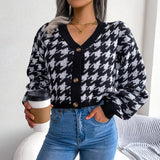 Houndstooth V-Neck Dropped Shoulder Cropped Cardigan