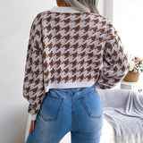 Houndstooth V-Neck Dropped Shoulder Cropped Cardigan