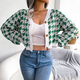 Houndstooth V-Neck Dropped Shoulder Cropped Cardigan