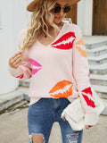 Lip Print V-Neck Knit Top