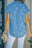 Star Print Button Front Denim Short Sleeve Shirt