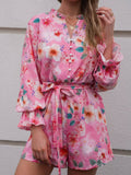 Floral Button Front Tie-Waist Flounce Sleeve Romper