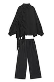 Ruffled Bishop Sleeve Shirt and Wide Leg Pants Set