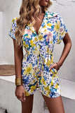 Floral Drawstring Lapel Collar Romper with Pockets