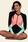 Zip Up Neckline Color Block Rashguard Top