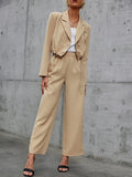 Drawstring Cropped Blazer and Wide Leg Pants Set