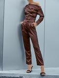 Ruched Asymmetrical Neck Top and Pants Set