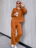 Quarter Button Side Slit Waffle Knit Top and Pants Set