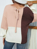 Color Block Tie Back Lantern Sleeve Sweater