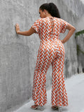 Plus Size Chevron Stripe Short Sleeve Jumpsuit