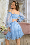 Lace Flounce Sleeve Cropped Top and Frill Trim Skirt Set