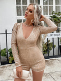 Sequin Puff Sleeve Plunge Romper