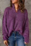 Half Zip Rib-Knit Dropped Shoulder Sweater