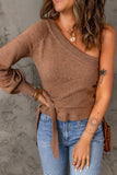 Side Tie One-Shoulder Ribbed Trim Sweater