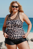 Plus Size Leopard Spliced Mesh Tankini Set