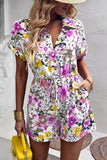 Floral Drawstring Lapel Collar Romper with Pockets